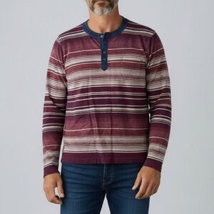 Men’s Red Tan Stripe Henley Top Oversized Long Sleeve fits womens XS-M men’s L